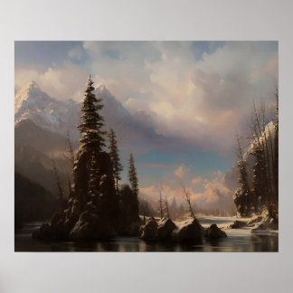 Snow mountain painting at lake - landscape art poster