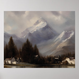 Snow mountain painting at lake - winter art poster