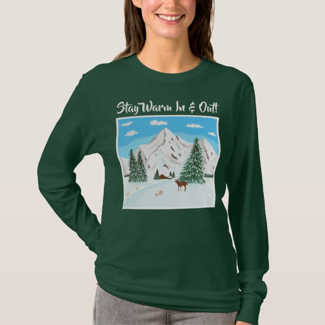 Snow Mountains Long-Sleeved Green T-Shirt (Front)