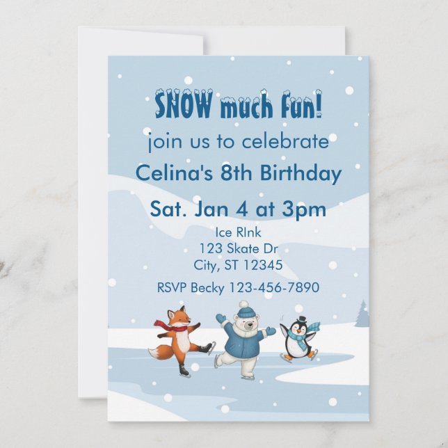 Snow Much Fun, ice skating animals winter birthday Invitation (Front)