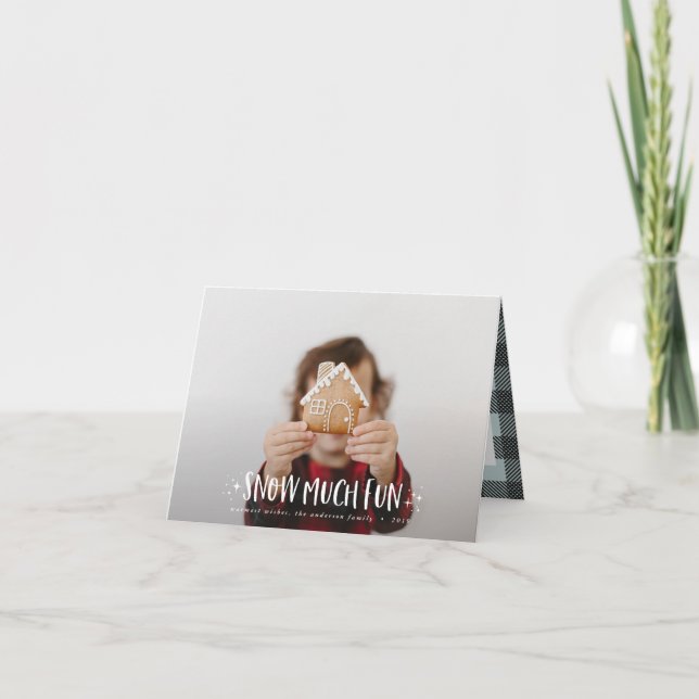 Snow much fun photo script text and tartan family note card (Front)