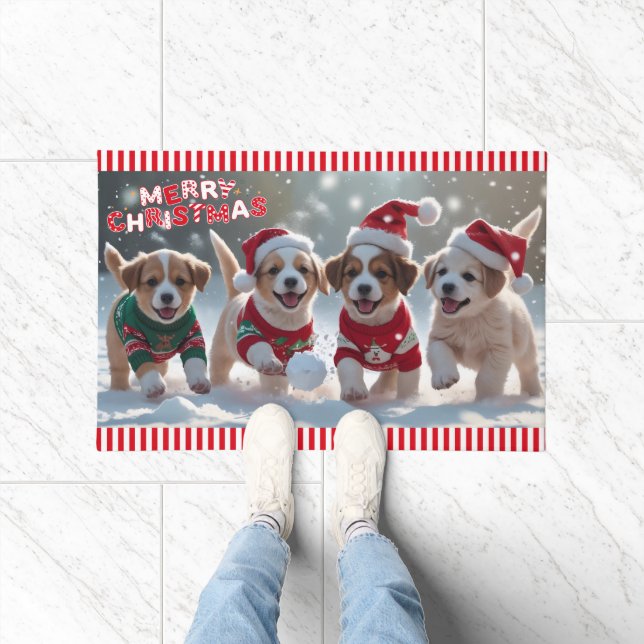 Snow Much Fun Puppies Playing in Snow Christmas Doormat (Indoor)