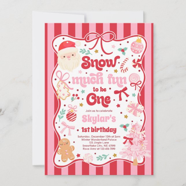 Snow Much Fun To Be One Christmas Bow Birthday Invitation (Front)