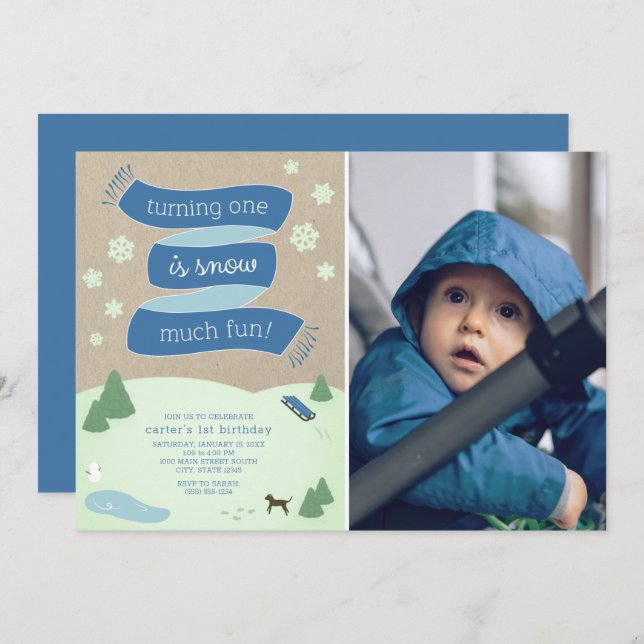 Snow Much Fun Winter Scene with Photo 1st Birthday Invitation (Front/Back)