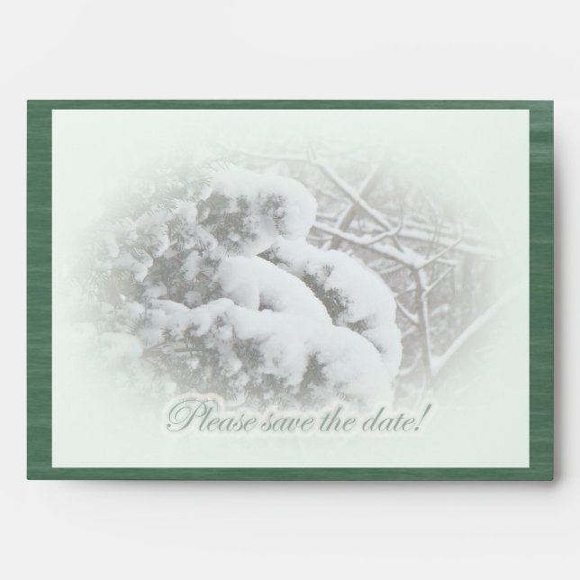 Snow on Arbor Vitae Save the date Envelope (Front)