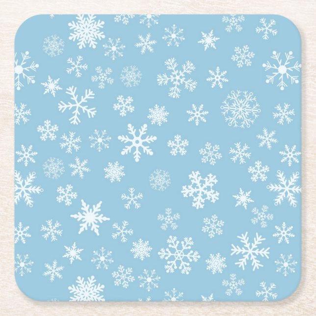 Snow on Light Blue Background Square Paper Coaster (Front)