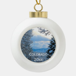 Snow on Pine Trees in Colorado Rocky Mountains Ceramic Ball Christmas Ornament