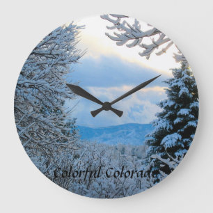 Snow on Pine Trees in Colorado Rocky Mountains Large Clock