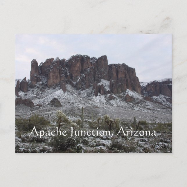 Snow on the superstition mountains postcard (Front)