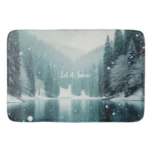 Snow on the winter, mountain lake bath mat