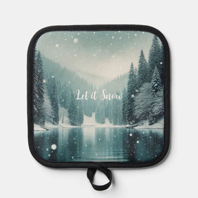 Snow on the winter, mountain lake pot holder (Front)
