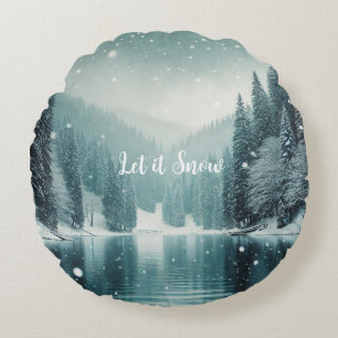 Snow on the winter, mountain lake round cushion