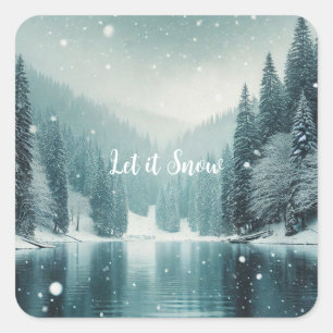 Snow on the winter, mountain lake square sticker