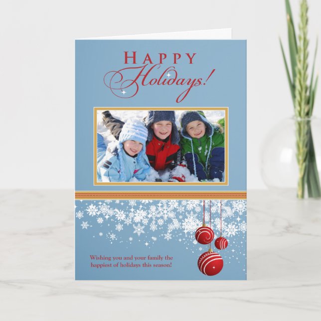Snow Ornaments Family Holiday Card (blue) (Front)