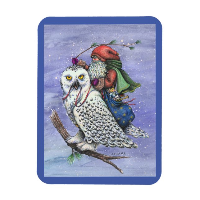 Snow Owl And Santa CHRISTMAS MAGNET Fantasy (Vertical)