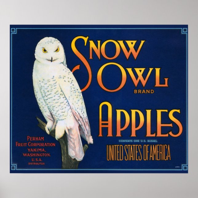 Snow Owl Apples Vintage Crate Label Poster (Front)