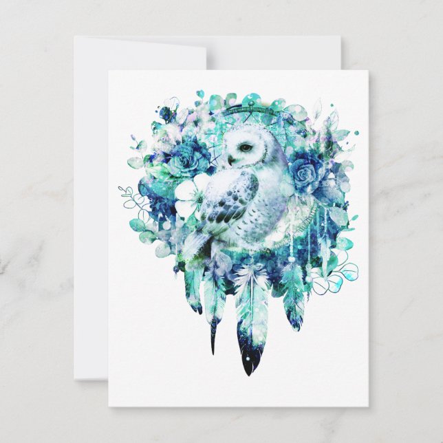 Snow Owl Dreamcatcher Green and Teal Blue Floral Card (Front)