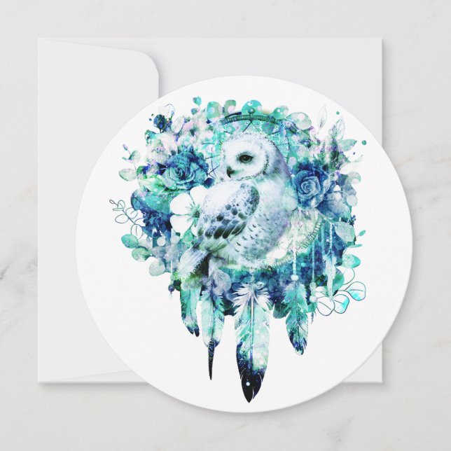 Snow Owl Dreamcatcher Green and Teal Blue Floral Invitation (Front)