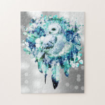 Snow Owl Dreamcatcher Green and Teal Blue Floral