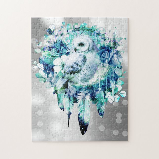Snow Owl Dreamcatcher Green and Teal Blue Floral Jigsaw Puzzle (Vertical)