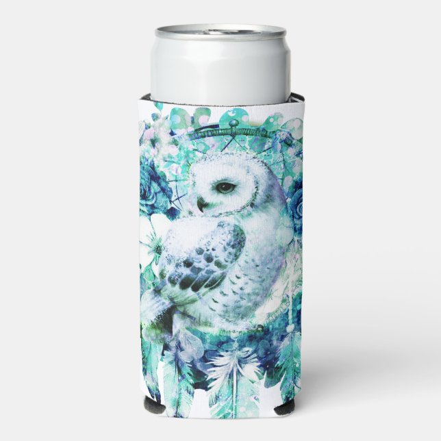 Snow Owl Dreamcatcher Green and Teal Blue Floral Seltzer Can Cooler (Seltzer Front)