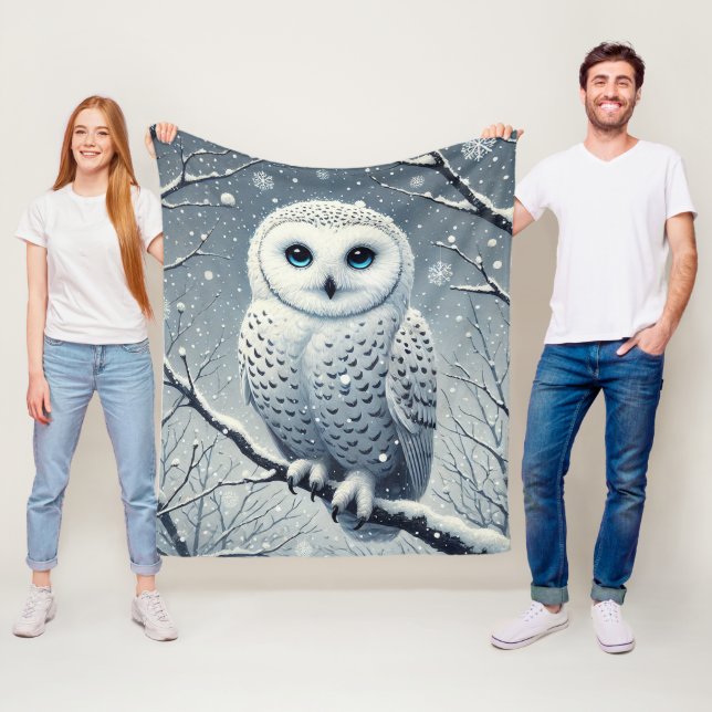 Snow Owl Perched on Snowy Branch  Fleece Blanket (In Situ)