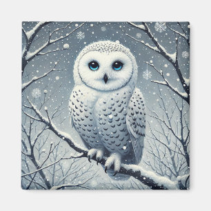 Snow Owl Perched on Snowy Branch Magnet