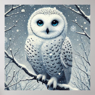 Snow Owl Perched on Snowy Branch  Poster