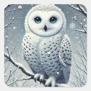 Snow Owl Perched on Snowy Branch  Square Sticker
