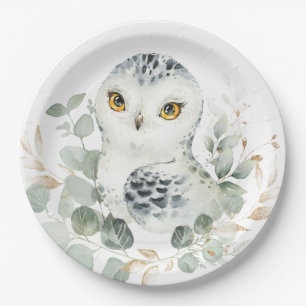 Snow Owl Winter Greenery Eucalyptus Gold Shower Paper Plate