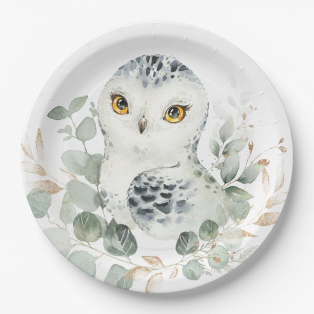 Snow Owl Winter Greenery Eucalyptus Gold Shower Paper Plate (Front)