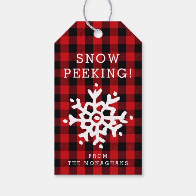 Snow Peeking | Red Plaid Gift Tags (Front)