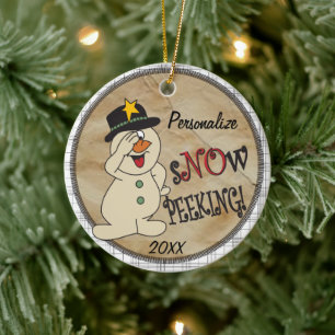 Snow Peeking Snowman Ceramic Ornament