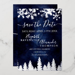  snow pine navy blue Christmas Save The Date