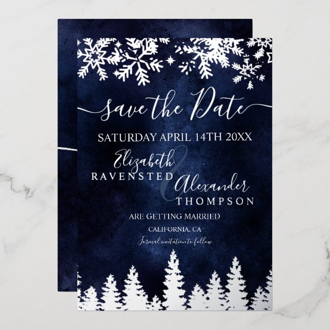  snow pine navy blue Christmas Save The Date (Front/Back)