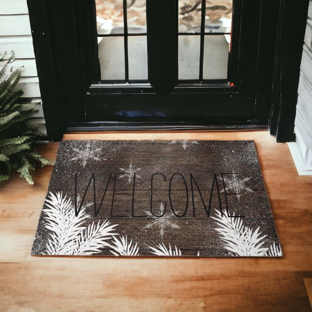 Snow pine trees brown rustic wood winter doormat (Snow pine trees brown rustic wood winter doormat)