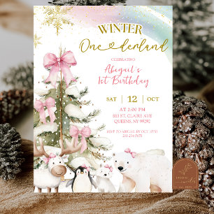 Snow Pink Winter Arctic Animal First Birthday Invitation
