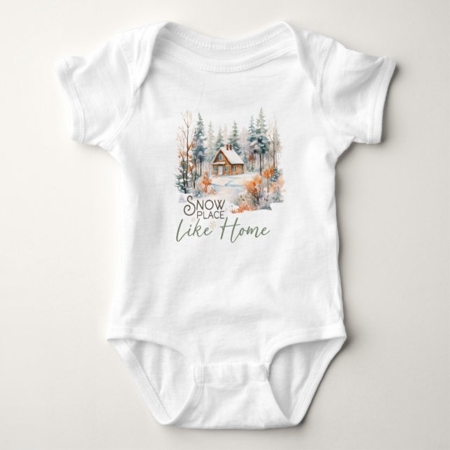 Snow Place Like Home, Mountain Cabin Christmas Baby Bodysuit (Front)