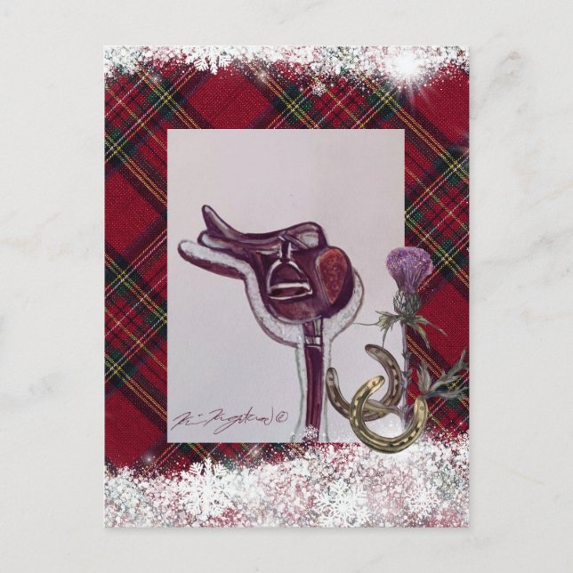 snow , plaid and equestrian theme, features saddle postcard (Front)