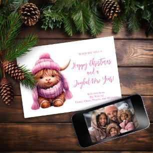 Snow Play Pink Highland Cow Christmas Photo Card