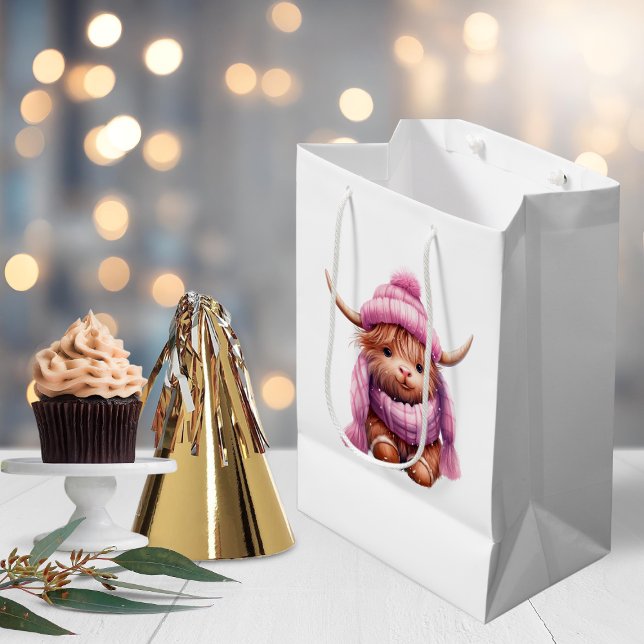 Snow Play Pink Highland Cow Medium Gift Bag (Creator Uploaded)