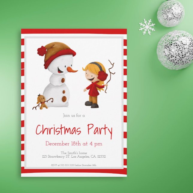 Snow Play with Snowman and Girl Christmas Party Invitation (Creator Uploaded)