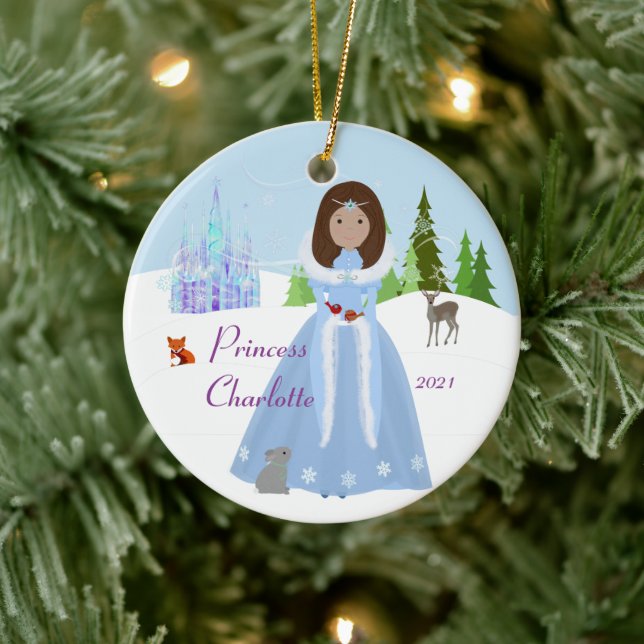 Snow Princess Brown Hair Ceramic Ornament (Tree)