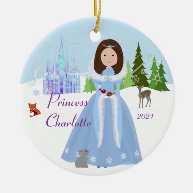 Snow Princess With Brown Hair Ceramic Ornament (Front)