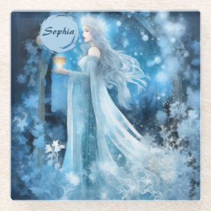 Snow Queen Fantasy Art – Mystical Winter Goddess Glass Coaster