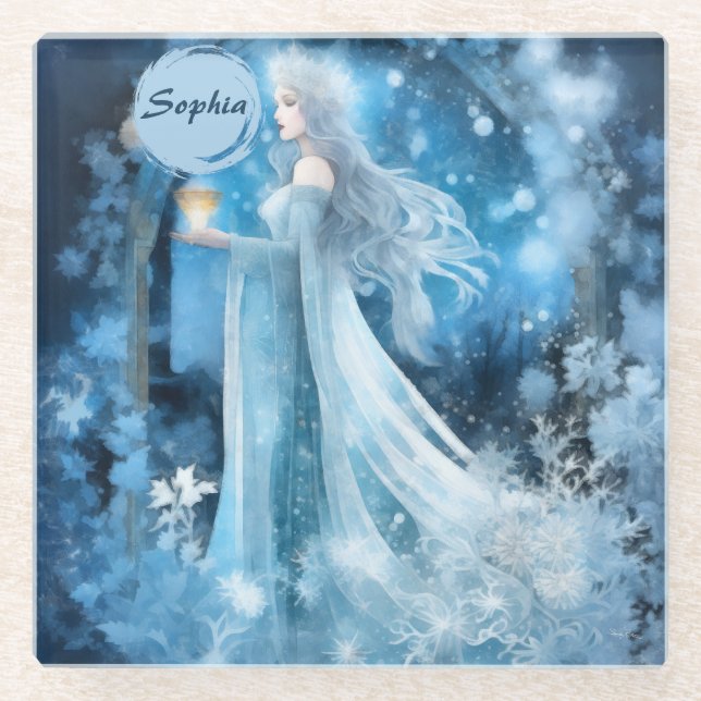 Snow Queen Fantasy Art – Mystical Winter Goddess Glass Coaster (Front)