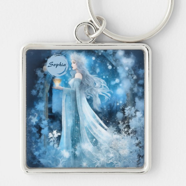 Snow Queen Fantasy Art – Mystical Winter Goddess Key Ring (Front)