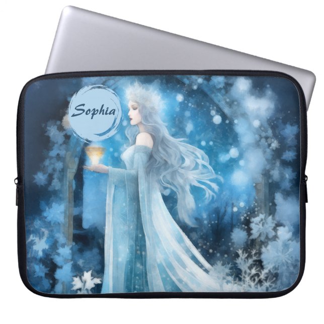 Snow Queen Fantasy Art – Mystical Winter Goddess Laptop Sleeve (Front)