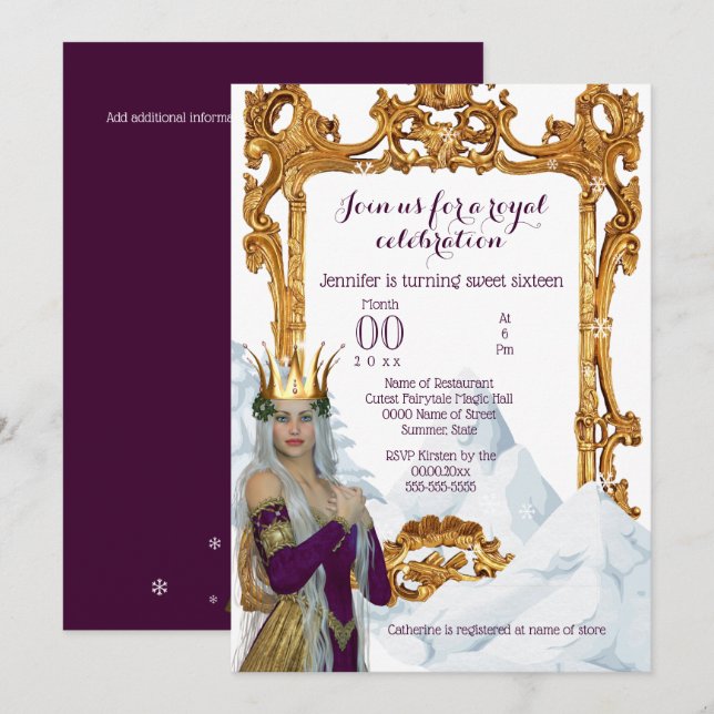 Snow queen gold frame princess theme party invitation (Front/Back)