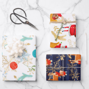 Snow Reindeer And Santa Christmas Holiday Pattern Wrapping Paper Sheet